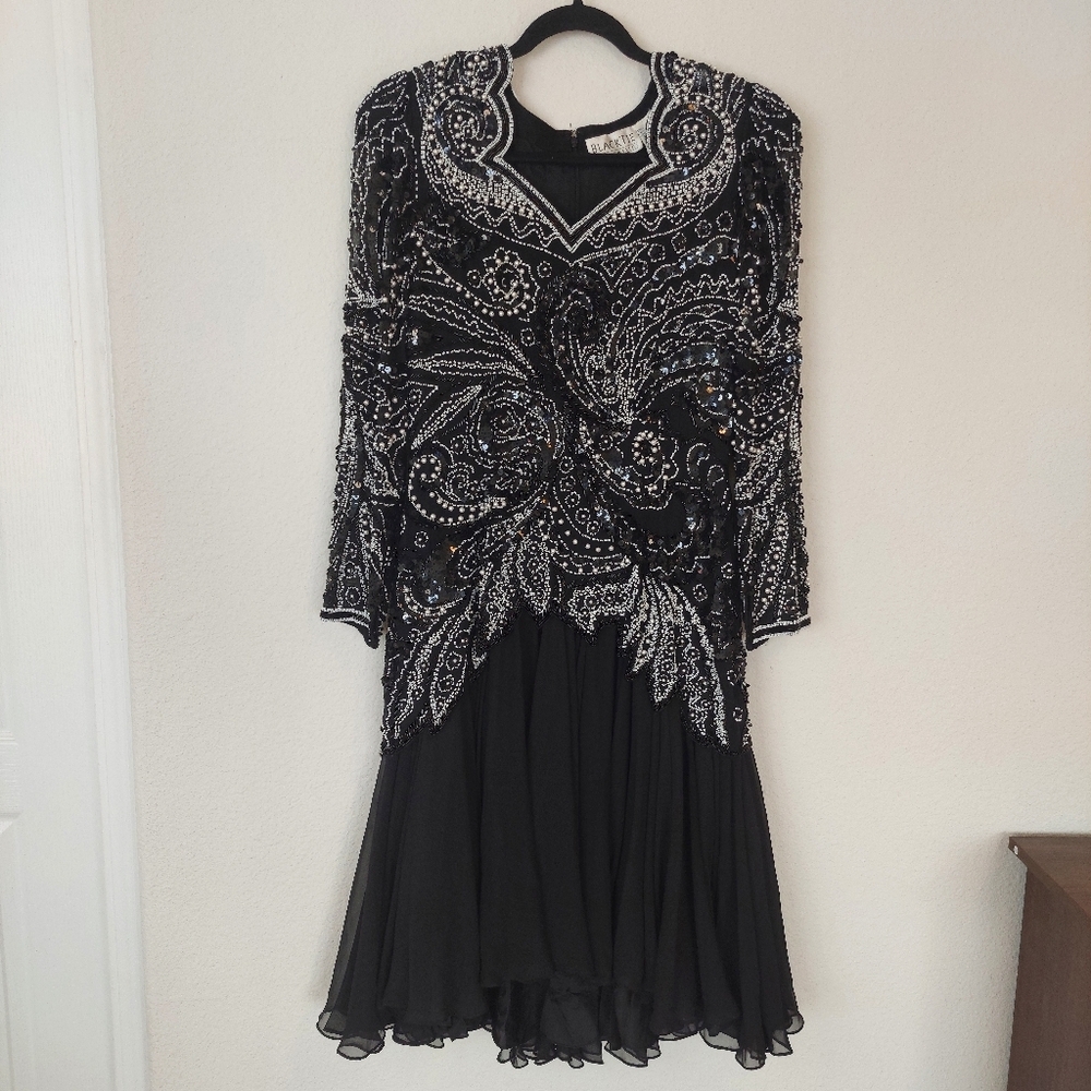 Black Tie Oleg‎ Cassini Sequined Beaded black Longsleeve Dress Size 10